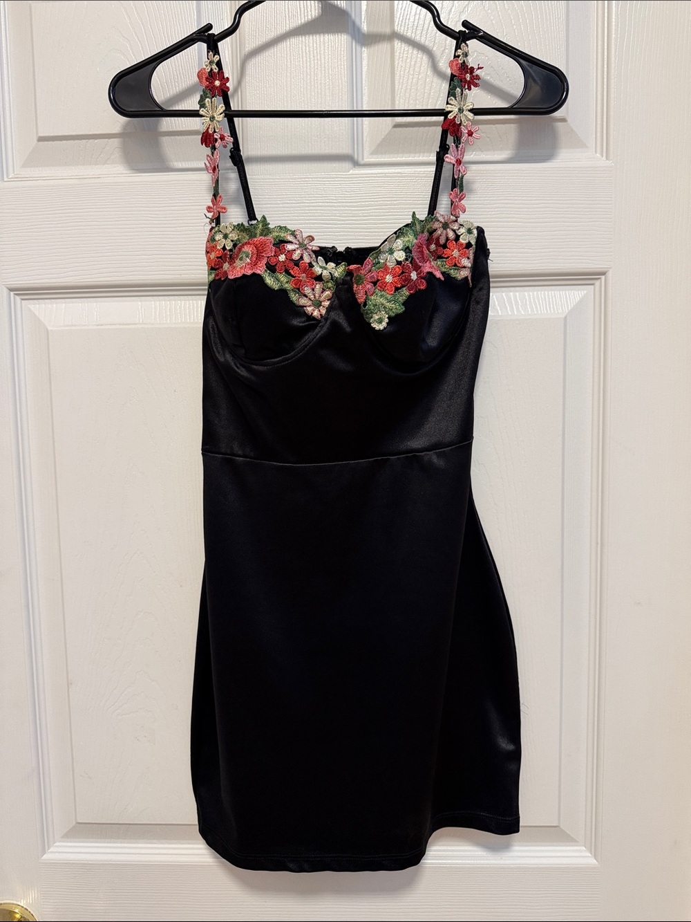 Windsor Black mini dresswith Pink & Green Floral Appliqué